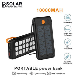 PB Solar Portable Power Bank Charger 10000mah PD 20W Fast Charging Solar Charging Outdoor Power Supply With LED Light Portable Waterproof And Fall-Proof