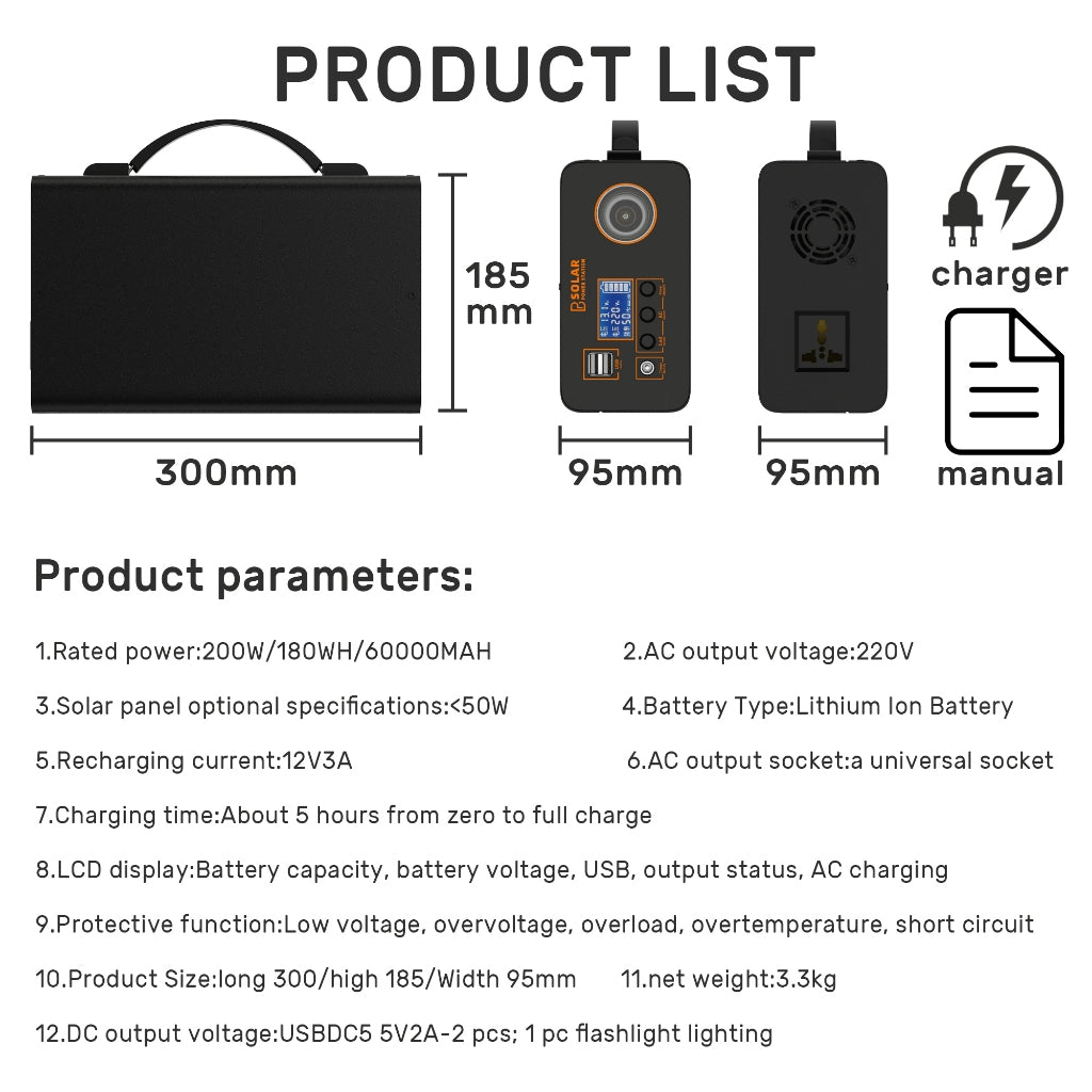 PBSOLAR power station portable solar 220v 200w 45000mah lithium battery power bank charger mable big capacity power station outdoor ulti-function port emergency power Supply CPAP Battery Recharged by Solar Panel/Wall Outlet/Car 220V AC Out/DC 12V /QC USB