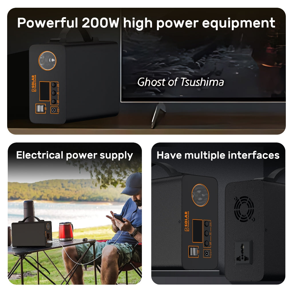 PBSOLAR power station portable solar 220v 200w 45000mah lithium battery power bank charger mable big capacity power station outdoor ulti-function port emergency power Supply CPAP Battery Recharged by Solar Panel/Wall Outlet/Car 220V AC Out/DC 12V /QC USB